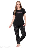 Black printed hosiery night suit, 100% cotton for women's comfort, trendy design, machine washable