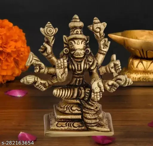 Brass 8-handed Lord Varahi Amman statue, intricate Varaga Devi idol, small size (5x6 cm height), Indian religious artifact