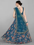 Embroidered semi-stitched lehenga choli (Rama) in satin, net, with chevron and floral dupatta. Indian embroidered bridal attire set on display