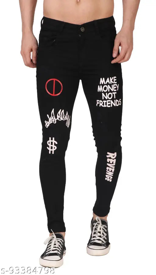 Slap black printed distressed denim jeans for men - one pair with placement print, size 30 (waist 30in, length 38in), made in India