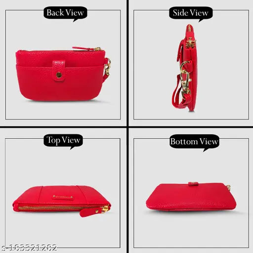 A red leather clutch wallet with detachable wristlet strap for women