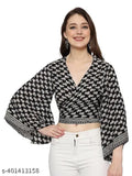 Art Silk Women's three-quarter sleeve printed crop top wrap tunic, V-neckline, free size (Bust 42in, Length 18in), Indian origin