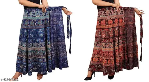 Bule-brown cotton Sanganeri Jaipuri print long wrap skirt for women, intricate design for parties