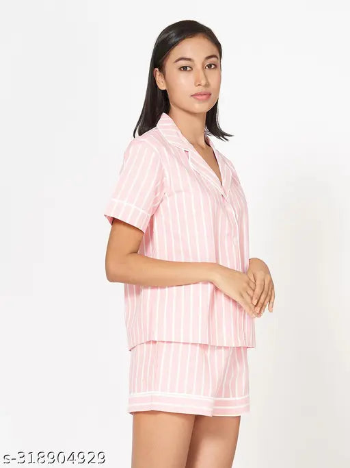 Striped pink cotton top & shorts set for women, stylish leisurewear with short sleeves