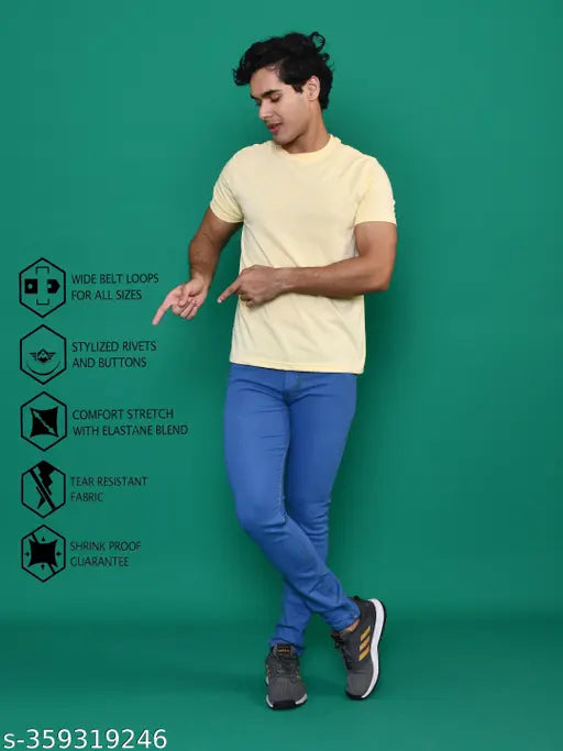 Stylish denim jeans for men, solid cotton fabric, regular fit, mid-rise, sizes from 28 to 42 inches, made in India