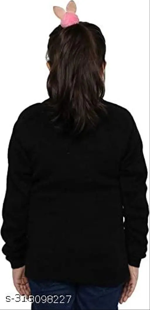 Black woolen full sleeve kids' jacket with high neck and pink bunny accessory.