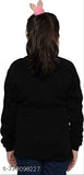 Black woolen full sleeve kids' jacket with high neck and pink bunny accessory.