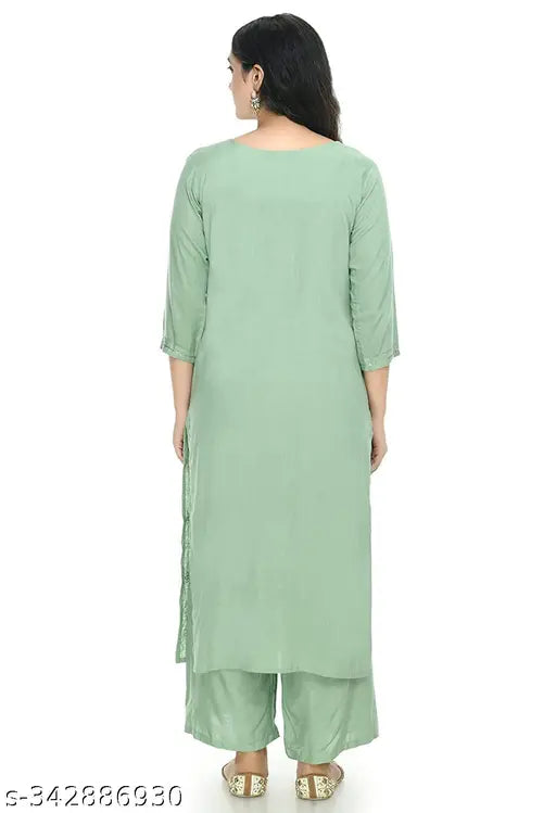 Rayon embroidered Kurti Plazo Set, three-quarter sleeves. Indian craftsmanship showcased in elegant women's fashion