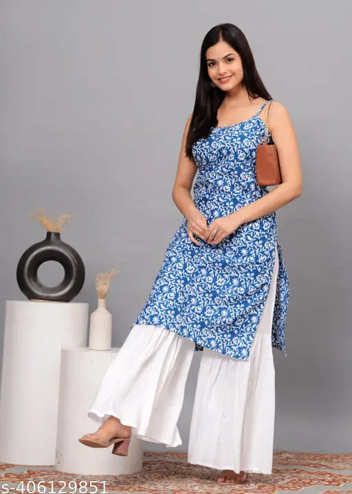 Printed rayon sharara set for women, pack of 2 with sleeveless kurta and palazzos, available in S, M, L, XL, XXL sizes