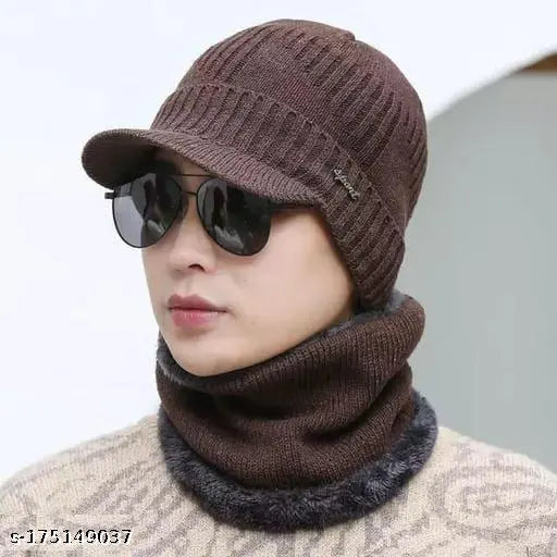 Brown woolen beanie hat with scarf, warm and snow-proof knitted fur interior for winter