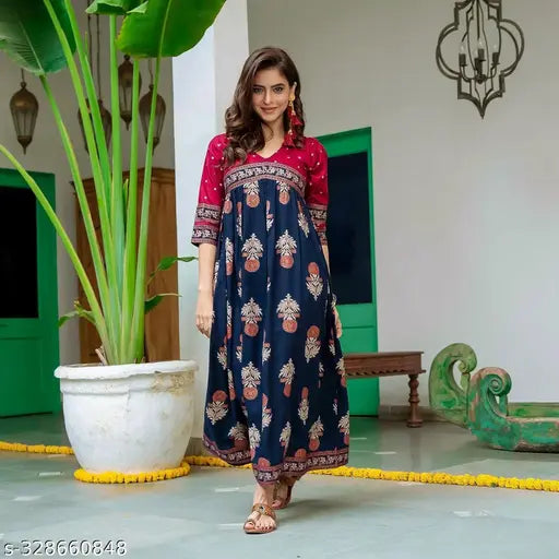 Gold polka print rayon anarkali kurti, trendy and stylish for women's ethnic wear party gown, three-quarter sleeves, size XS to 7XL, first wash with salt water