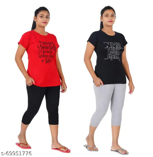 Cotton printed nightsuits for women, short-sleeved set with shorts in S (18in/25in/27in/24in) and M (19in/26in/28in/25in), made in India