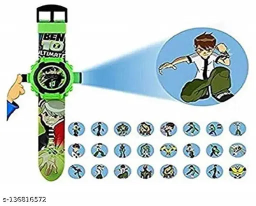 A green rubber wristwatch with a digital display, designed in the shape of a watch, featuring a Ben 10 projector design and images, marketed as a kids' toy