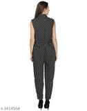 Black color polka dot print full length jumpsuit, women's crepe fabric, casual western wear
