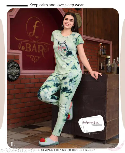 Printed hosiery night suit, short sleeved pyjamas set with a net pattern, featuring varying sizes M, L, XL, XXL from India