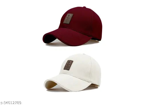 Maroon baseball cap with a white logo on a white background