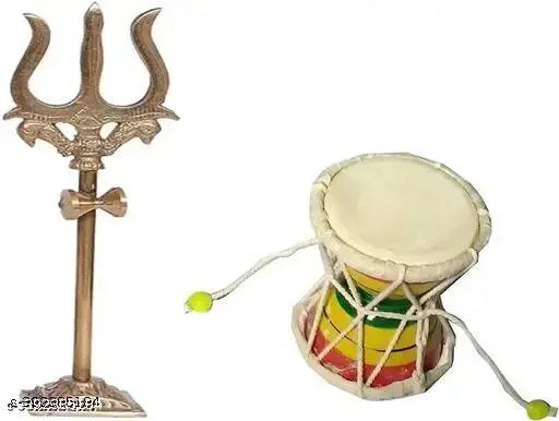 Multi-colored wooden & brass Shiva Damru and Trishul, symbolizing expanding universe