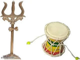 Multi-colored wooden & brass Shiva Damru and Trishul, symbolizing expanding universe