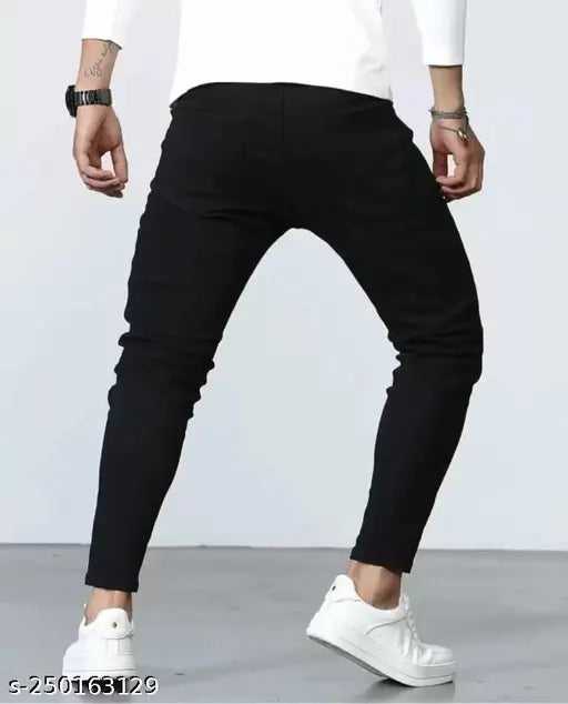 High-quality denim men's black jeans, durable and comfortable with slight stretch for versatile styling. Reinforced stitching, branded button, engraved rivets, and leather patch. Available in sizes 28, 30, 32, 34 (waist size: 29/31/33/35, length size: 38in for all) made in India