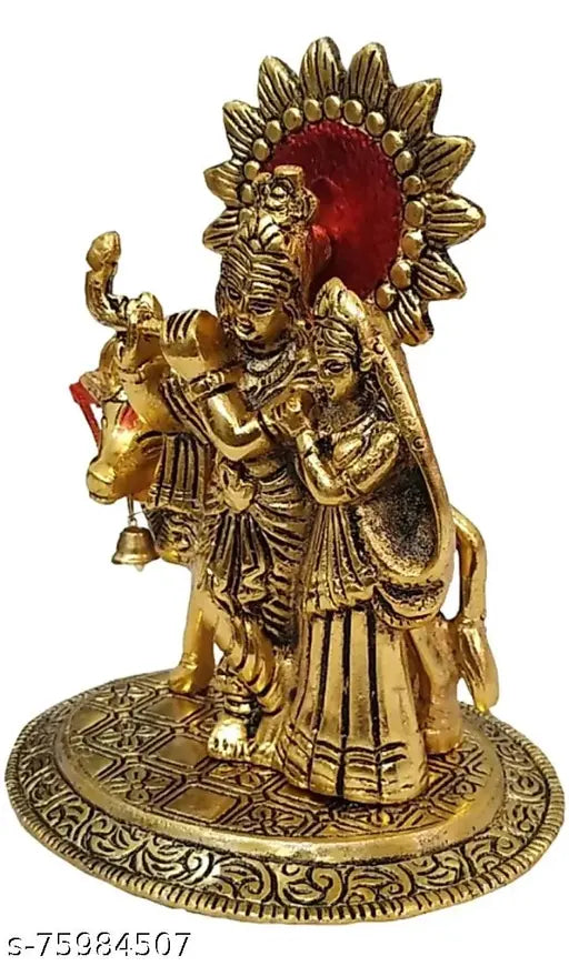 Metal Radha Krishna idol with cow, traditional Indian Krishna statue depicting divine scene