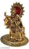 Metal Radha Krishna idol with cow, traditional Indian Krishna statue depicting divine scene