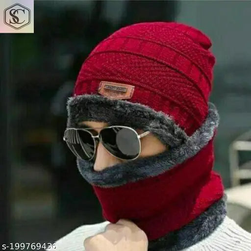 Black and Red Winter Beanie Set: Thick-fleece lined woolen hats with fur trim, ideal for men and women outdoor activities
