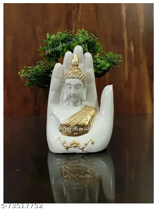 White resin home decorative Gautam Buddha statue, made in India, with dimensions of 17cm height, 11cm length and 7cm width. This showpiece is suitable for door entrances or living room decoration