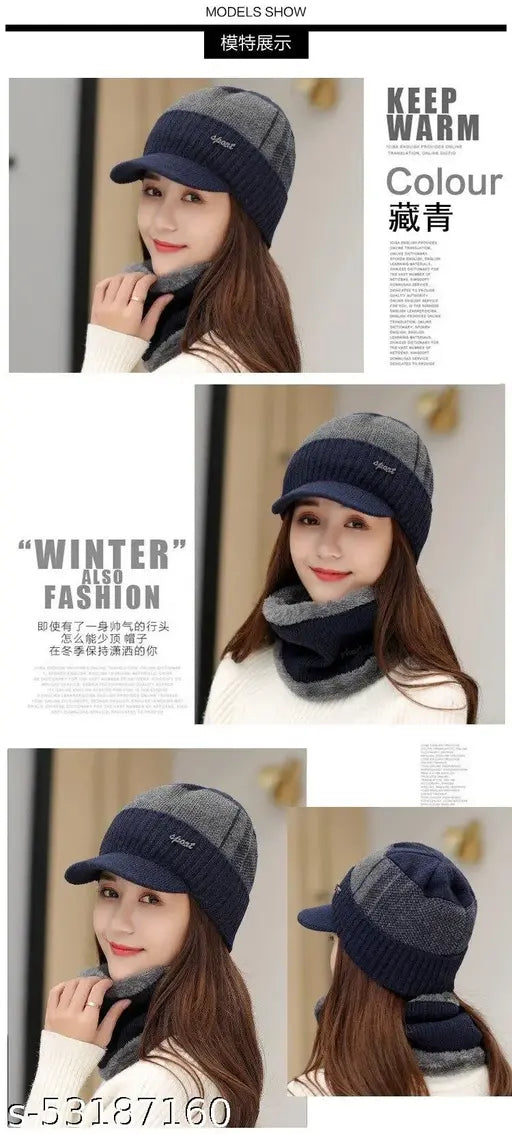 A fur-lined winter cap with a matching scarf, designed for women