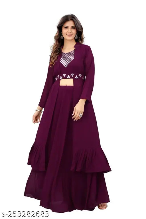 Embroidered Georgette gown with three-quarter sleeves, Indian Gotapatti work on women's fashion