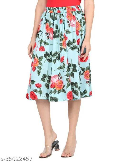 Casual Fashionista Women's Western Crepe Skirt, mint green floral print, flared design, sizes: 26, 28, 30, 32, 34, 36 (on model)