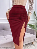 Ruby maroon polyester mid-length skirt for women, solid pattern with fancy side cut