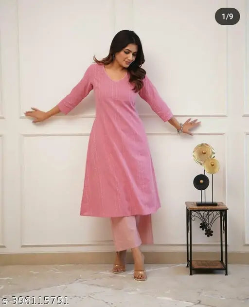 New pink cotton katha kurta set with palazzos, three-quarter sleeves for summer use, size M-XXL. Handcrafted Indian ethnic wear
