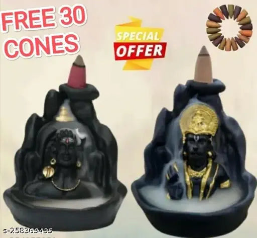 Poly resin Hanuman idol and Adiyogi backflow smoke showpiece combo for home decoration with free 30 cones, Indian craftsmanship