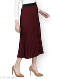 Poly lycra solid wine pleated skirt, A-line skirt with elasticated waistband, perfect for casual events or parties