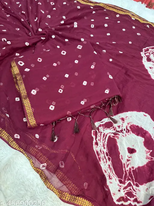 Indian chiffon silk Bandhani dye saree with tassels, embroidered blouse
