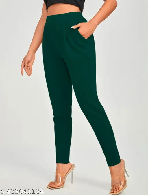 Green polyester blend casual trousers, narrow waistband, mid-waist, two side pockets