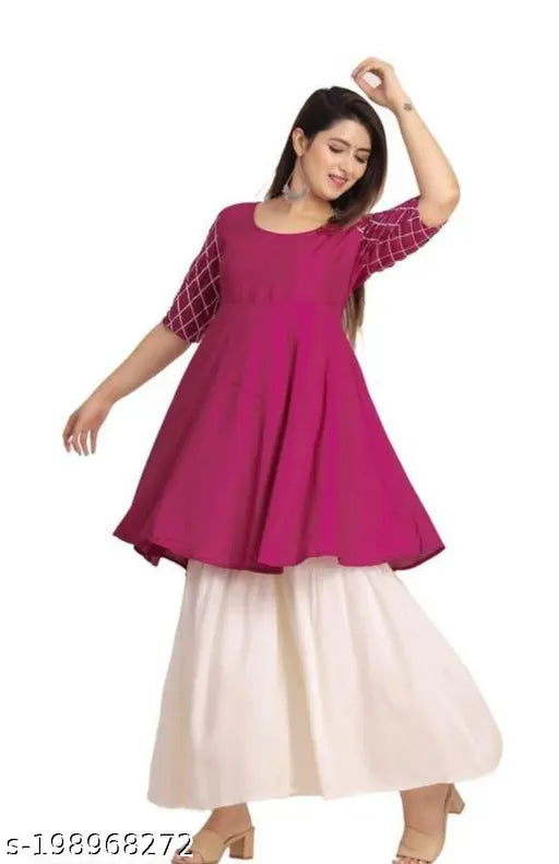 Rayon Women's kurta & plazzo set, solid net design, short sleeves. Indian fashion wear on hanger