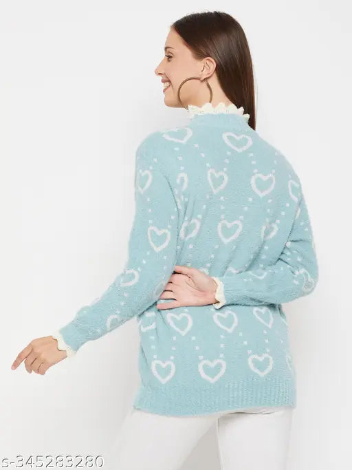 Woolen winter full sleeve high neck heart print sweater for women, stylish and versatile ladies' casual wear in regular fit with all-over graphic print and ribbed round neck