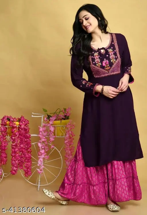Elegant purple kurta with sharara pants, embroidery detailing, traditional Indian attire