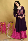 Elegant purple kurta with sharara pants, embroidery detailing, traditional Indian attire