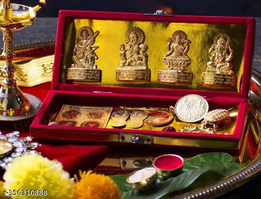Metal Ganesh Laxmi Idol: Shri Dhanlaxmi Kuber Bhandari Yantra - Invite prosperity and rid financial debt, features Goddess Laxmi figurine & other yantras, origin India