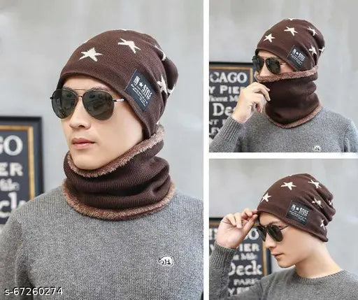 Printed Arcylic Winter Beanie Cap with Neck Warmer Scarf (Onesize), trendy design for men/women