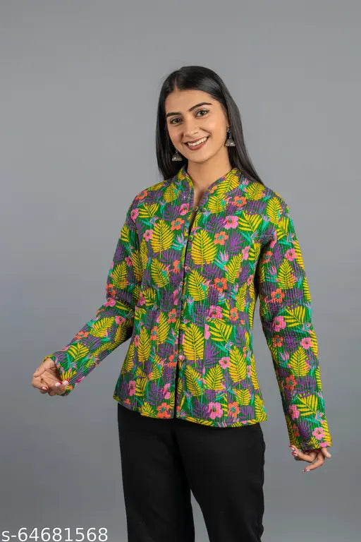 Designer cotton winter jacket, high-quality print from Rajasthan, long sleeves, reversible with Dori and plastic buttons, suitable for women's formal and casual wear