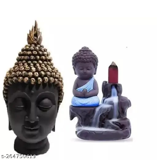 Blue polyresin multicolor Buddha statue combo pack, featuring Lord Buddha with golden head and 10 back flow incense cones, measures 12cm high x 6cm wide x 6cm deep, ideal for home decor or gift
