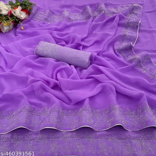 Georgette diamond work saree with matching running blouse, solid pattern Indian traditional attire for women