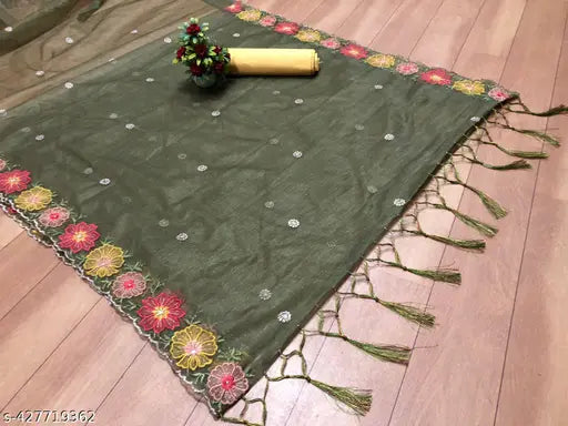 Designer floral embroidered silicon net saree with tassels and unstitched blouse piece - soft, festive party wear from ZARUKHA India