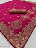 Red saree with intricate gold detailing on a patterned pallu, neatly folded and displayed