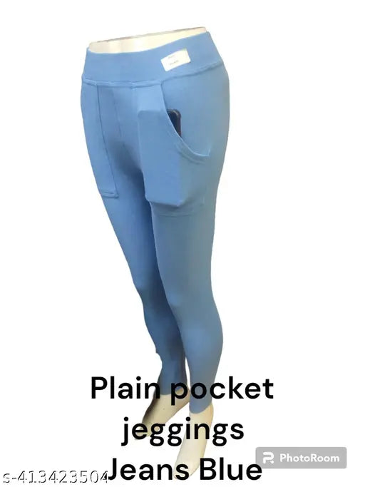 Dice Blue lycra ladies' plain pocket jeggings, solid style from India