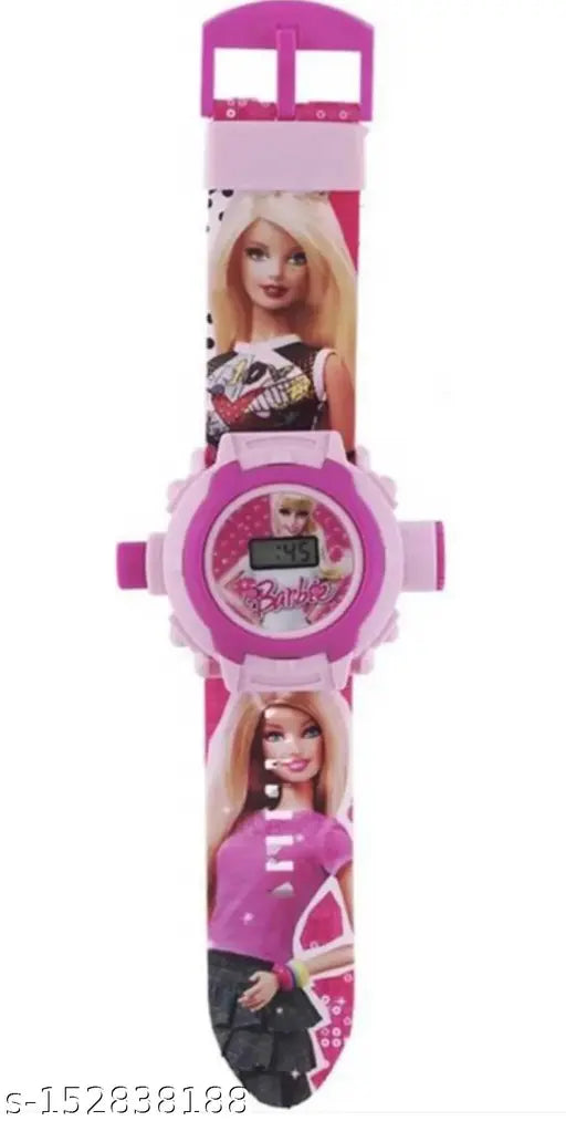 Pink and purple Barbie projector watch with multiple images of Barbie projected on its face