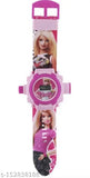 Pink and purple Barbie projector watch with multiple images of Barbie projected on its face